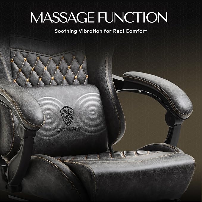 Dowinx Big & Tall Vintage Gaming Chair for Adults, 400 lb Capacity Heavy Duty Ergonomic Computer Chair with Massage Lumbar, Footrest & Easy Side Recline, Grey
