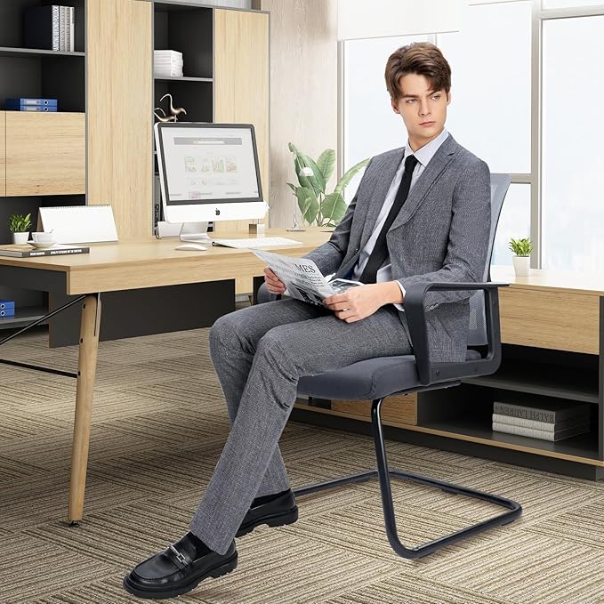 CLATINA Office Guest Chair with Lumbar Support and Mid Back Mesh Space Air Grid Series for Reception Conference Room (Gray-4 Pack)
