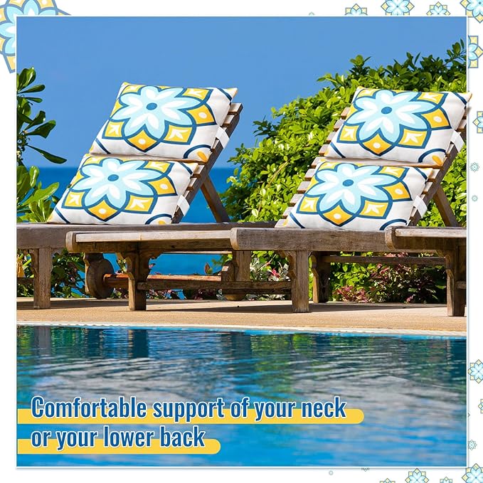 Juexica 2 Pack Chaise Lounge Pillow with Strap Outdoor Waterproof Beach Chair Neck Headrest Pillow Adjustable Elastic Band for Hammock Lumbar Recliner Pillows for Patio Pool Chair(Fresh Flowers)