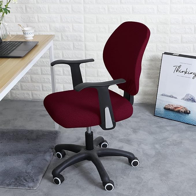 FORCHEER Desk Chair Back and Seat Cover 2 Pieces Wine-red Jacquard Stretch Split Office Chair Covers Water Resistant Washable