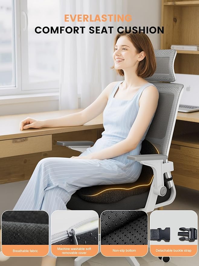 Office Chair Seat Cushion for Long Sitting Workers - L-Shaped Ergonomic Memory Foam with Tailbone Support & Adjustable Strap