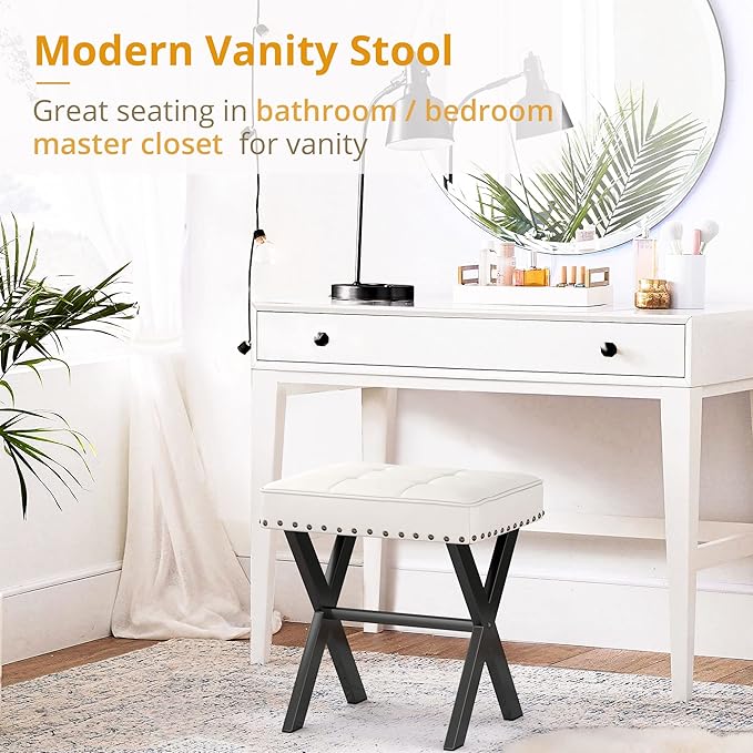 LUE BONA White Vanity Stool - Square Faux Leather Makeup Seat With Metal X Legs, Small Ottoman Chair for Makeup Room, Living Room, Bathroom - Padded Foot Rest