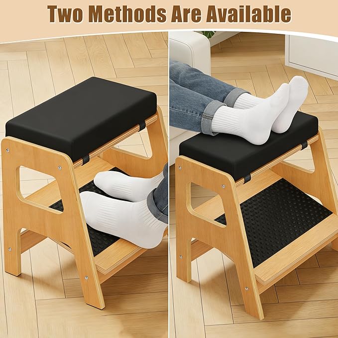 Adjustable Wooden Foot Rest, Double Step Footstool with 3 Height Levels, Cushioned Top & Non-Slip Base, Ergonomic Under Desk Leg Rest for Office Home