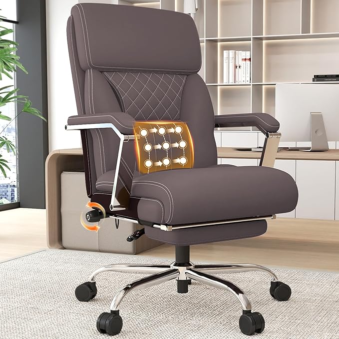 Ergonomic Executive Leather Office Chair with Footrest, Reclining Computer Desk Chair with Adjustable Lumbar Support, 360° Swivel, 400lbs Capacity