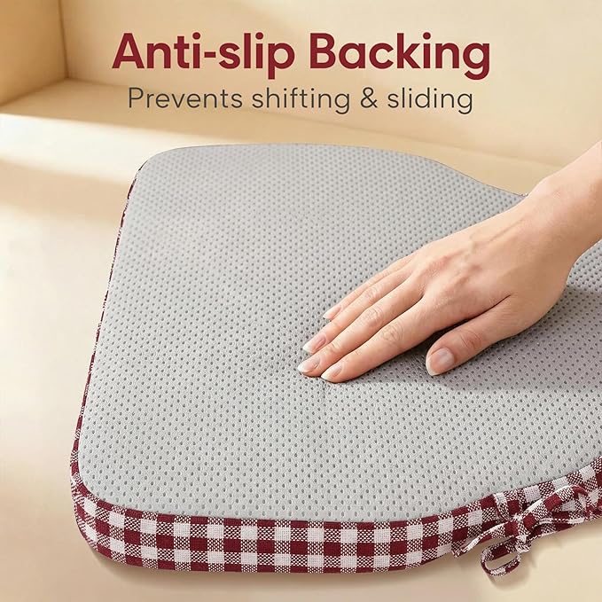 Burgundy Gingham Winsor Chair Cushions with Ties, Dining Kitchen Chair Seat Pads Non Slip Removable Washable Cover 17"x16" Set of 2