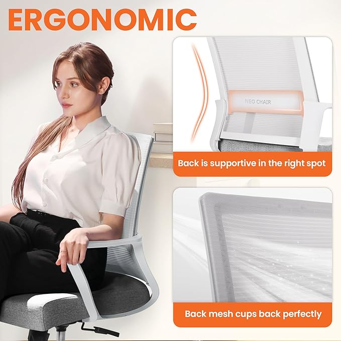 NEO CHAIR Office Desk Chair Gaming Computer Chair Ergonomic Mesh Mid Back with Rolling Wheels Lumbar Support Comfy Swivel Adjustable for Home Grey