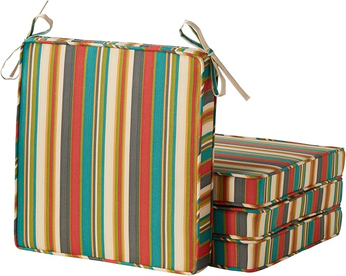 Outdoor 18 inch Square Patio Dining Chair Pads – Comfortable Fiber-Filled Seat Cushions with Ties, Reversible Polyester Fabric - Sunset Stripe - Updated, Set of 4