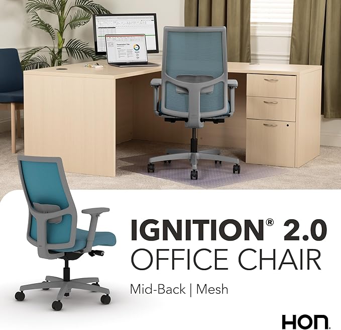 HON Ignition 2.0 Mid Back Task Chair, Spectrum Mesh, Advanced Synchro-Tilt Control, Office Chair with Lumbar Support, Height and Width Adjustable Arms, Titanium Frame, Sky