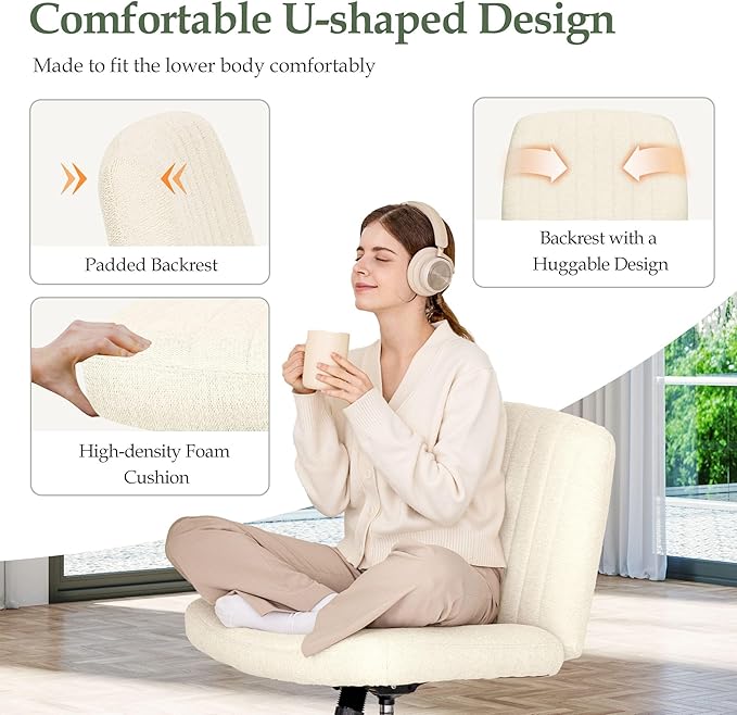 Orange Factory Criss Cross Chair Wheels Wide Cross Legged Office Desk Vanity Dual Base Comfy Fabric Armless Adjustable Swivel for Home Computer Task (Beige Dual Base, Fabric)