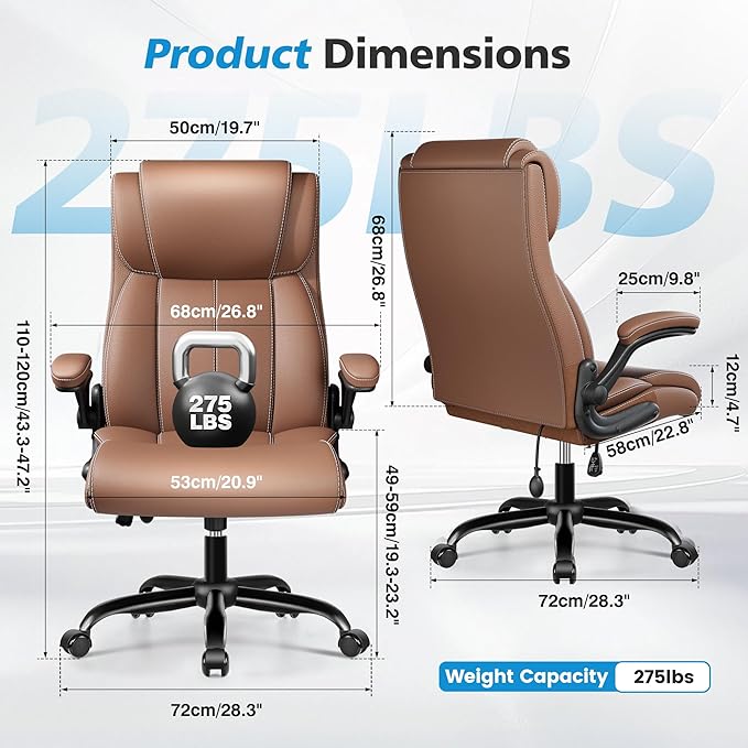 Ergonomic Office Chair – High Back Leather Desk Chair with Adjustable Lumbar Support & Flip-Up Arms, Premium Padded Seat for Home Office Desk, Brown