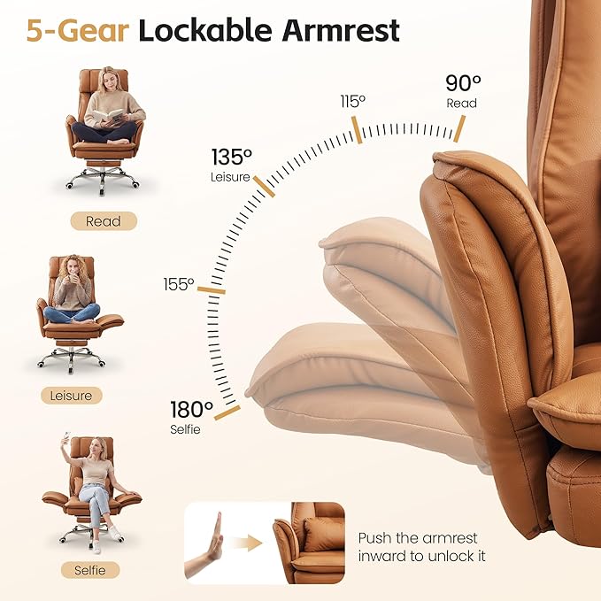 Big and Tall Office Chair, Cloud Reclining Office Chair with Footrest & Flip Armrest for Pets, Executive Ergonomic Criss Cross Desk Chair, Swivel Computer Gaming Chair with Lumber Pillow, PU Brown