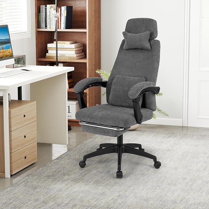 Giantex Reclining Office Chair, Chenille Fabric Desk Chair with Padded Linkage Armrests, Retractable Footrest, Neck & Lumbar Support, High-Back Ergonomic Executive Chair for Home Office, Gray