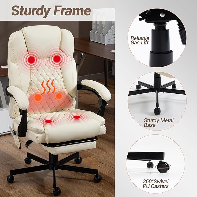 Massage Office Chair with Foot Rest, 6 Points Vibration Heating Executive Chairs Ergonomic Home Office Desk Chair with Reclining Backrest, Adjustable Arms and Lumbar Support-Beige
