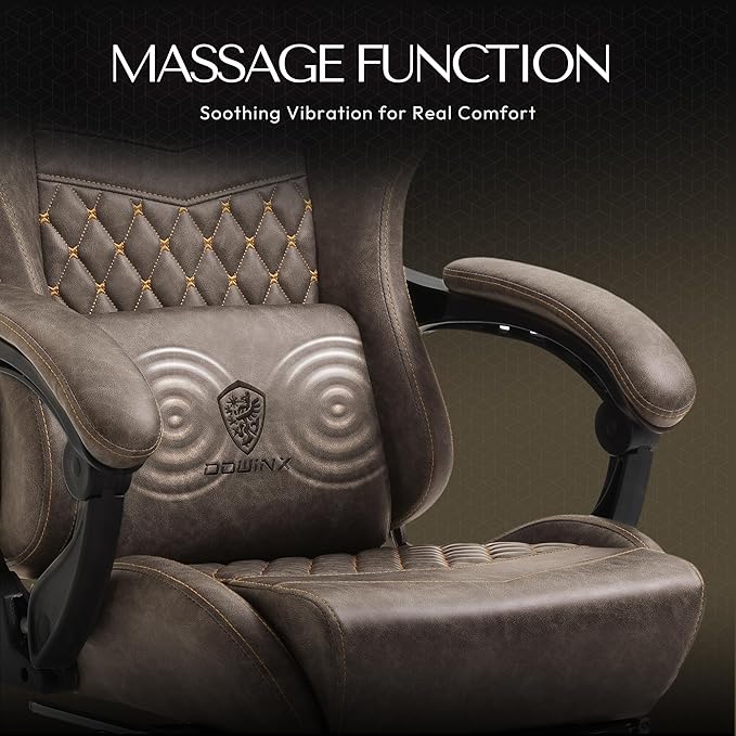 Dowinx Big & Tall Vintage Gaming Chair for Adults, 400 lb Capacity Heavy Duty Ergonomic Computer Chair with Massage Lumbar, Footrest & Easy Side Recline, Brown