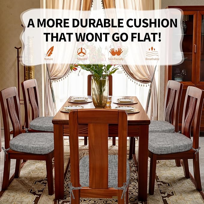 SINOSSO Thickened 2.5" Dining Chair Cushions, Soft Blended High Density Support Foam Kitchen Seat Cushions with Ties, U-Shaped Non-Slip Indoor Chair Pads, 16.5" x 16", 4 PCS, White-Gray