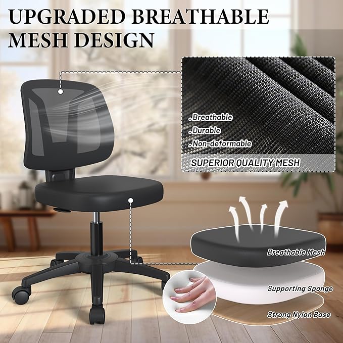 Armless Swivel Small Task Desk Office Chair Without Arms Height Adjustable with Rolling Wheels for Small Spaces Adult and Child