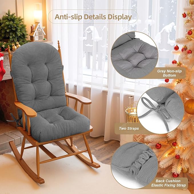 Rocking Chair Cushion - Plaid Corduroy Fabric, High-Density Sponge, Durable Comfort Non-Slip Bottom Tufted Seat Pads with Ties, Plaid Corduroy︱Grey, 44x19x4 inch