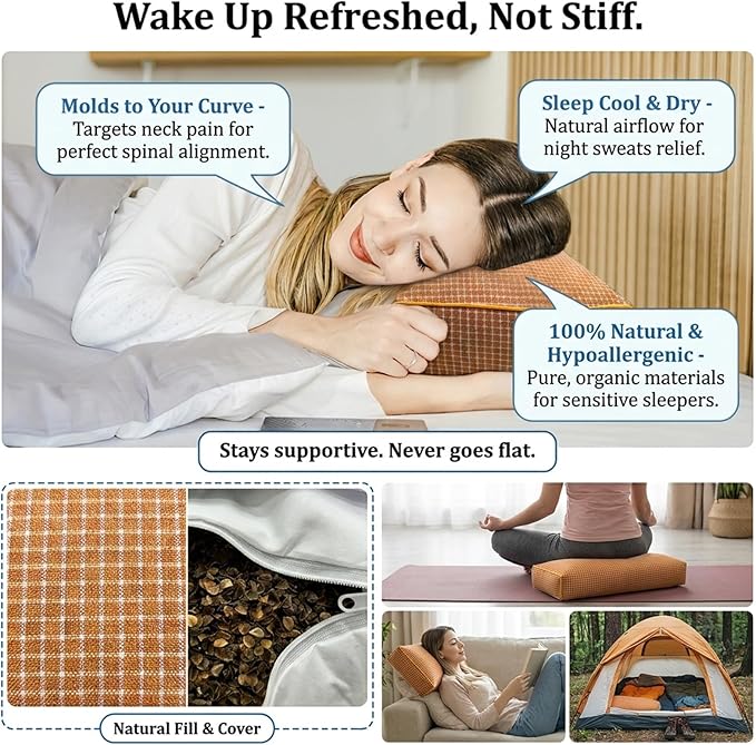 Adjustable Buckwheat Hull Pillow for Neck Pain Relief (21x8x4) Natural Cooling Cervical Support Camping Pillow for Side & Back Sleepers with Night Sweats (xiaoge Orange)