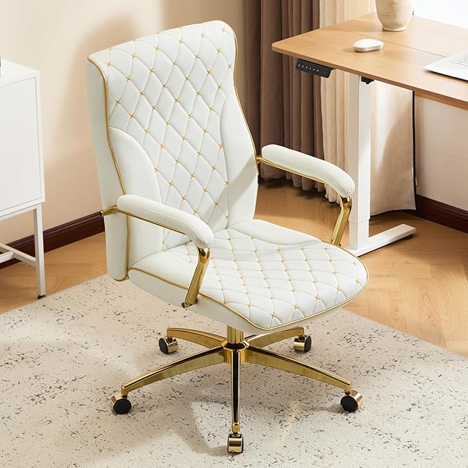 Furniliving White and Gold Office Chair, Leather Office Chairs, Adjustable Vanity Chair with Golden Legs and Padded Armrest, Modern Upholstered Computer Chair with Wheels,White