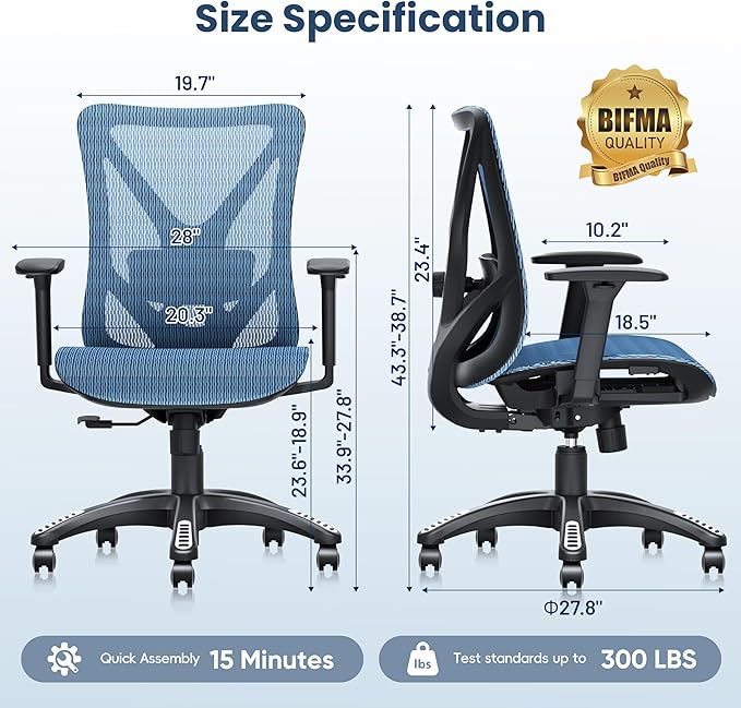 Ergonomic Office Chair, Mesh Computer Desk Chairs with Adjustable Lumbar Support, 3D Armrests, Tilt Function, Comfy Wide Seat, Swivel Executive Work Task Chair for Company and Home