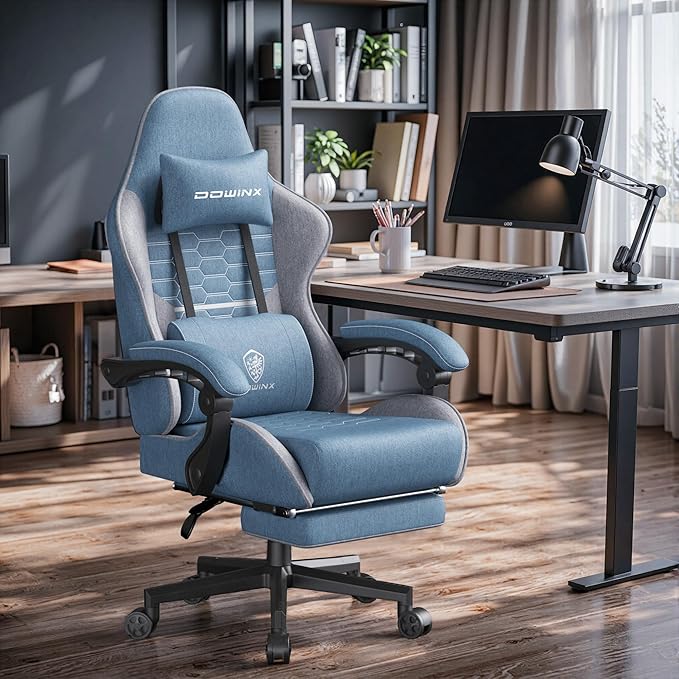 Dowinx Gaming Chair Fabric Big and Tall with Pocket Spring Cushion, Massage Game Chair Cloth with Headrest, Ergonomic Computer Chair with Footrest 350LBS, Blue
