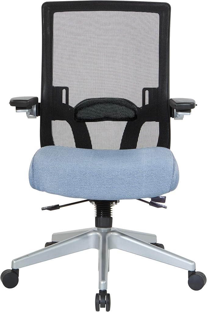 Space Seating 867 Series Adjustable Manager's Chair with Breathable Mesh Back, Lumbar Support and Padded Flip Arms, Blue Fabric Seat with Silver Nylon Base