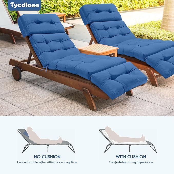 Outdoor Chaise Lounge Chair Cushion Waterproof 74.4 x 22 x 4.7 Inches Lounge Chair Cushions Replacement for Outdoor Furniture with Ties, Thickened Pool Lounge Chair Cushion, Royal Blue