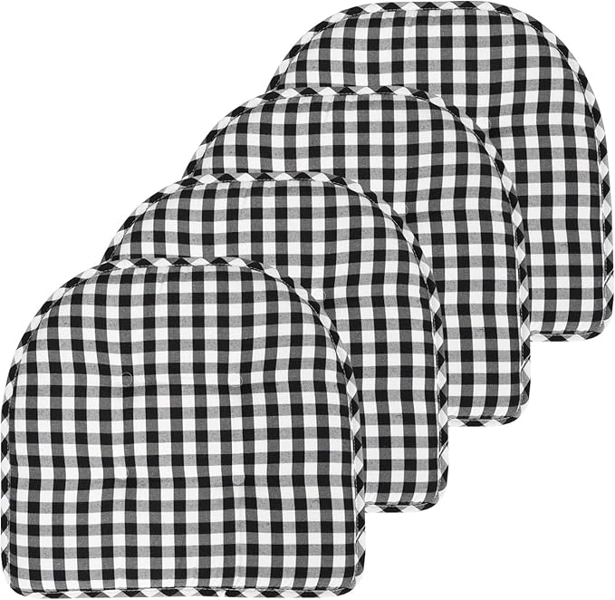 Sweet Home Collection Chair Cushion Memory Foam Pads Tufted Slip Non Skid Rubber Back U-Shaped 17" x 16" Seat Cover, Checkered Black/White 4 Count