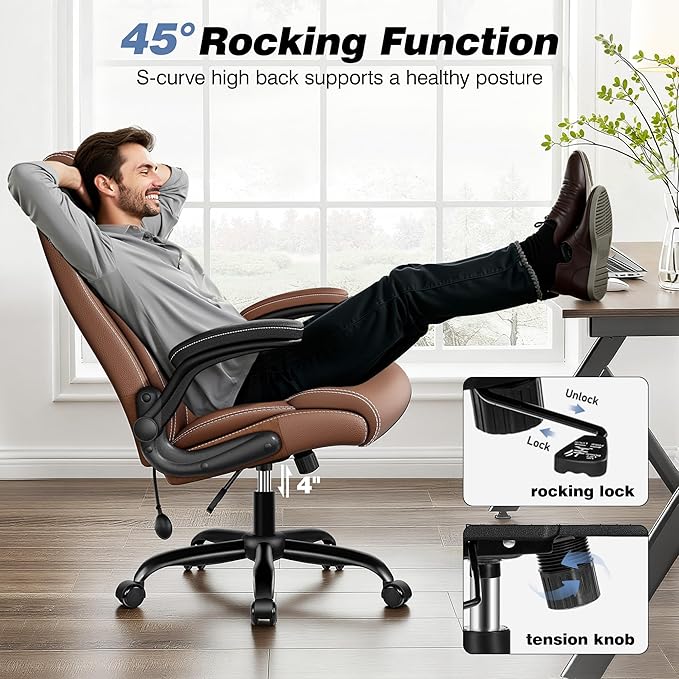 BESTFAIR Ergonomic Office Chair - Desk Computer Chair, Leather High Back Executive Chairs with Adjustable Lumbar Support & Flip Up Arms, Brown 6 Pack