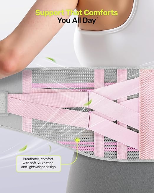Rakiie Back Brace for Lower Back Pain Women with 9X Support System, Ergonomic Lumbar Support for Pain Relief, Breathable Mesh Design with 3D Silicone Pad for Sciatica, Pink Size XXL (Waist: 43.3" – 52.4")