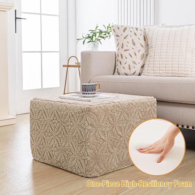 Furry Square Pouf Ottoman – 20"x14" One-Piece Seamless Integral Foam Foot Stool Ottoman Foot Rest Living Room Bedroom Under Desk (Light Coffee)