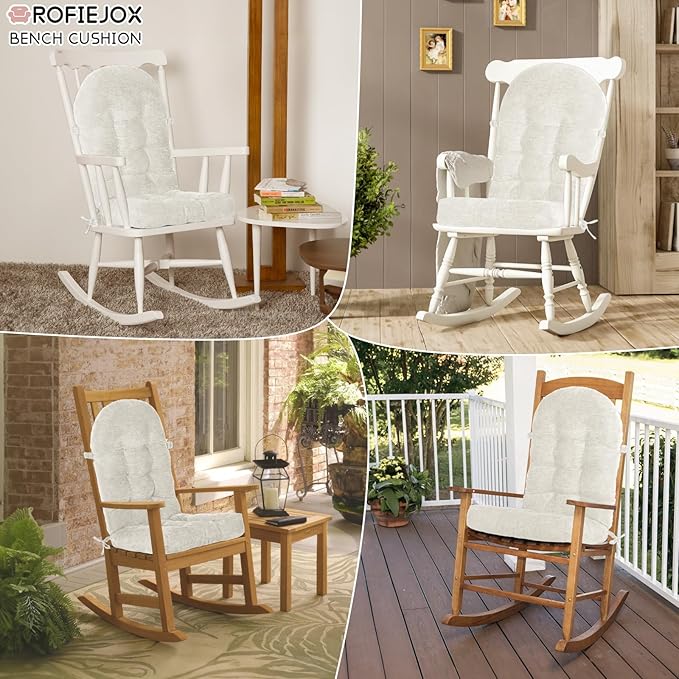 Rocking Chair Cushion - Chenille Fabric, High-Density Sponge, Durable Comfort Double-Sided Tufted Seat Pads with Ties, Chenille︱White, 44x19x4 inch