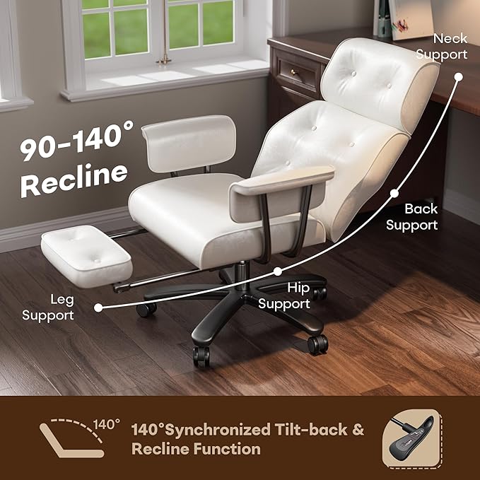 SeekFancy Criss Cross Chair with Wheels and Arms, Reclining Office Chair with Footrest and Wide Seat, Leather Big and Tall Desk Chair 400LBS, Button Tufted Vintage Design, White