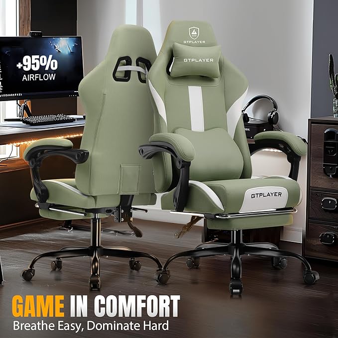 GTPLAYER Gaming Chair with Foot Rest & Pocket Spring Cushion, Ergonomic High Back Computer Desk Chair with Headrest & Lumbar Support for Back Pain Relief, Breathable Fabric, Green