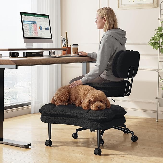 DurayLoly Criss Cross Chair, Ergonomic Office Chair with Wheels & Backrest, Cross Legged Office Chair with Foot Rest for ADHD, Height Adjustable, Thicken Cushion, Teddy Fabric, Black