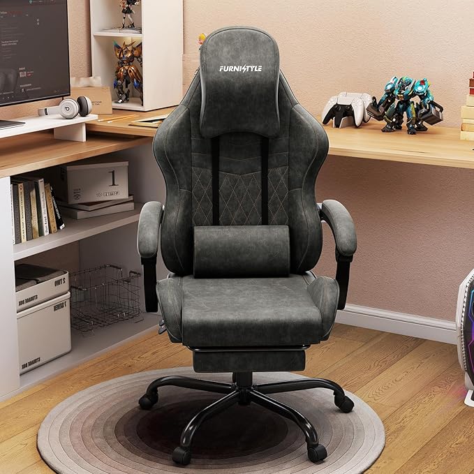 Gaming Chair Big and Tall, Grey Leather Video Game Chairs with Footrest, Padded Linkage Armrests & Large Headrest, Ergonomic Computer Chair 350lbs for Adults Gaming or Office Use
