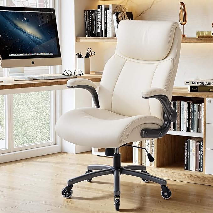 MALOL Ergonomic High-Back Executive Office Chairs, Heavy Duty Home Computer Chair with Lumbar Support, Flip-Up Arms, and PU Leather Upholstery, Beige