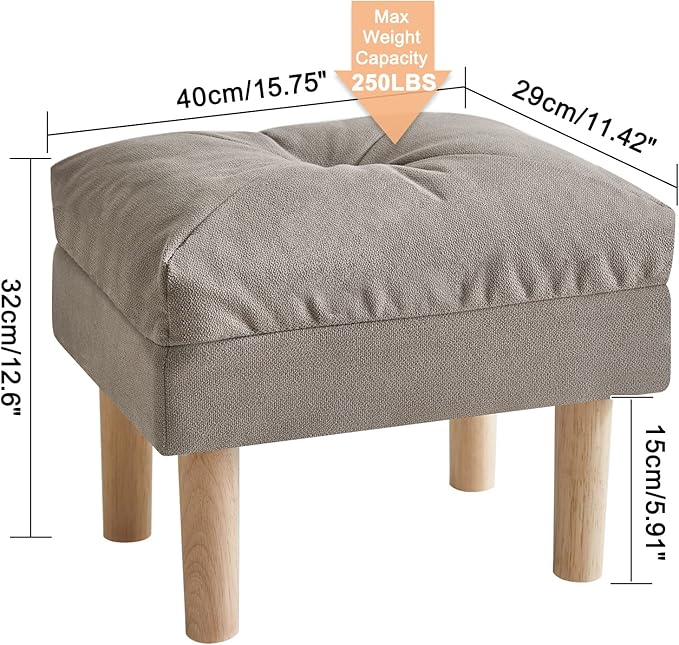 YMYNY 15.75" Small Foot Stool Ottoman, Footrest with Sponge Soft Padded Seat, Cotton-Linen Blend Fabric Footstool for Sofa, Bedroom, Living Room, Entryway, Solid Wood Legs, Gray, UHBD023G