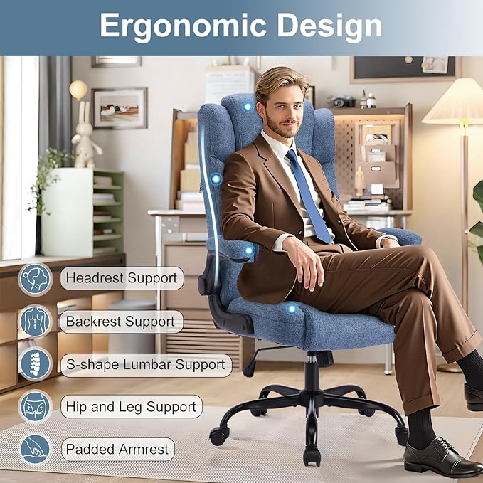 High Back Fabric Office Chair, Ergonomic Computer Desk Chair with Adjustable Headrest & Flip-up Armrests, 120° Tilt Rock Function, 400 lbs Weight Capacity for Home Office & Lumbar Support