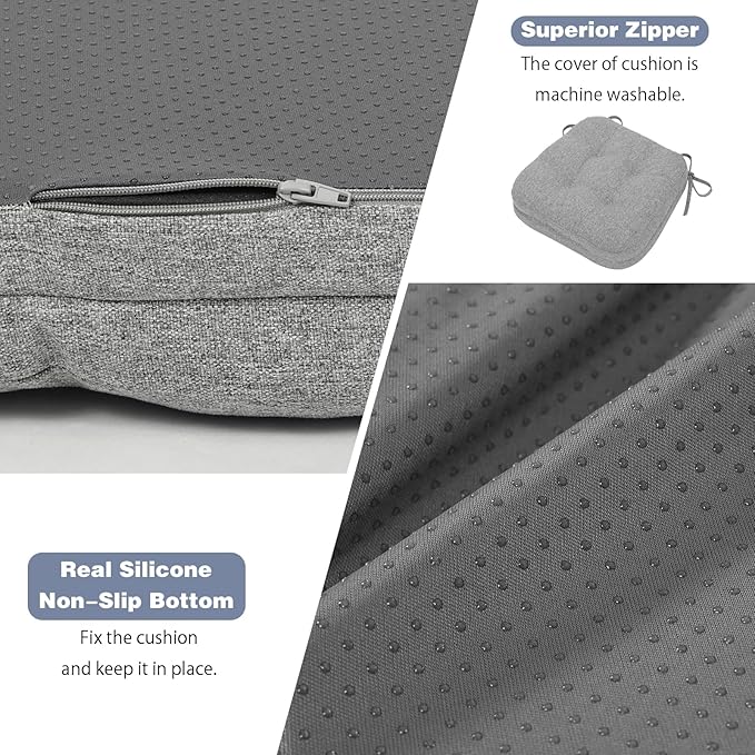 baibu Set of 2 Dining Chair Cushions, Dual-Layer Patent Design Memory Foam Kitchen Chair Cushions, Non-Slip Seat Pads with Ties, 16.5 x 16.5 x 3.5in, 2 Pack, Light Grey