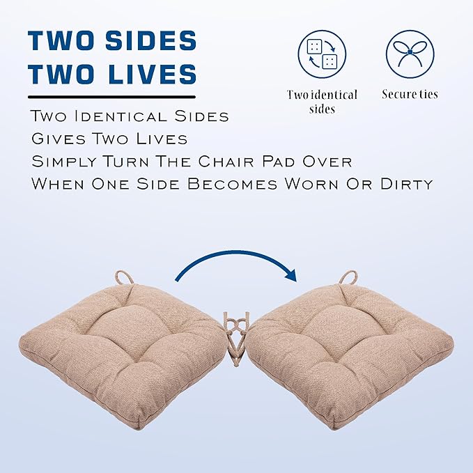 SQUARE MOON D-Shaped 3" Thick Chair Cushions, Chair Pads for Dining Chairs and Kitchen Chairs, Indoor Dining Room Seat Cushions with Ties, Machine Washable, 17" x 16" x 3", 4/Pack, Light Coffee