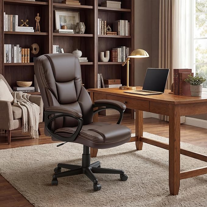 Shahoo Ergonomic Office Chair Executive PU Leather Chair with Comfortable Head Rest, Thickened Cushioned Armrest and Lumbar Support for Office & Home, Brown