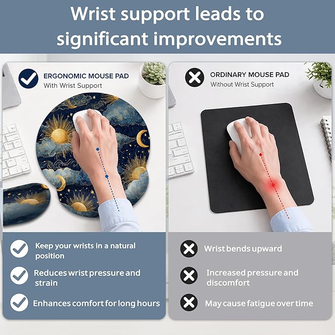 Starry Night Keyboard Wrist Rest Pad Ergonomic Mouse Pad Set,Sun Moon 3 in 1 Memory Foam Mouse Pad with Non Slip Base for Office and Home