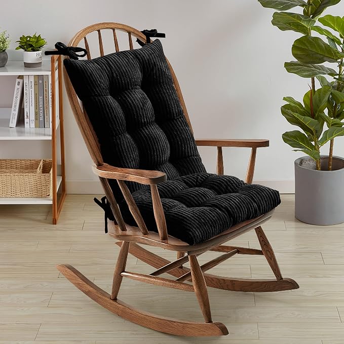 Rocking Chair Cushion Premium Tufted Pads Non Skid Slip Backed Crushed Velvet Cover Set of Upper and Lower with Ties, 21 in x 17 in | 17 in x 17 in, Velvet Black