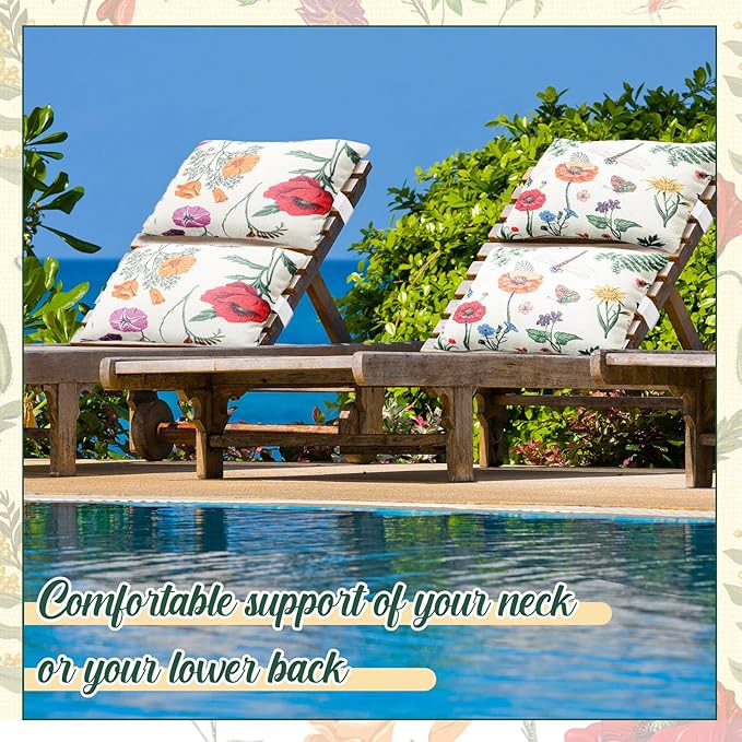 Juexica 2 Pack Chaise Lounge Pillow with Strap Outdoor Waterproof Beach Chair Neck Headrest Pillow Adjustable Elastic Band for Hammock Lumbar Recliner Pillows for Patio Pool Chair(Colorful Floral)