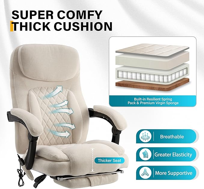 6-Point Massage Office Chair with Heated, Ergonomic Office Chair with Footrest & 45°Reclining High Back, Big and Tall Executive Office Chair 500LBS, Thick Cushion Desk Chair for Home Office, Beige