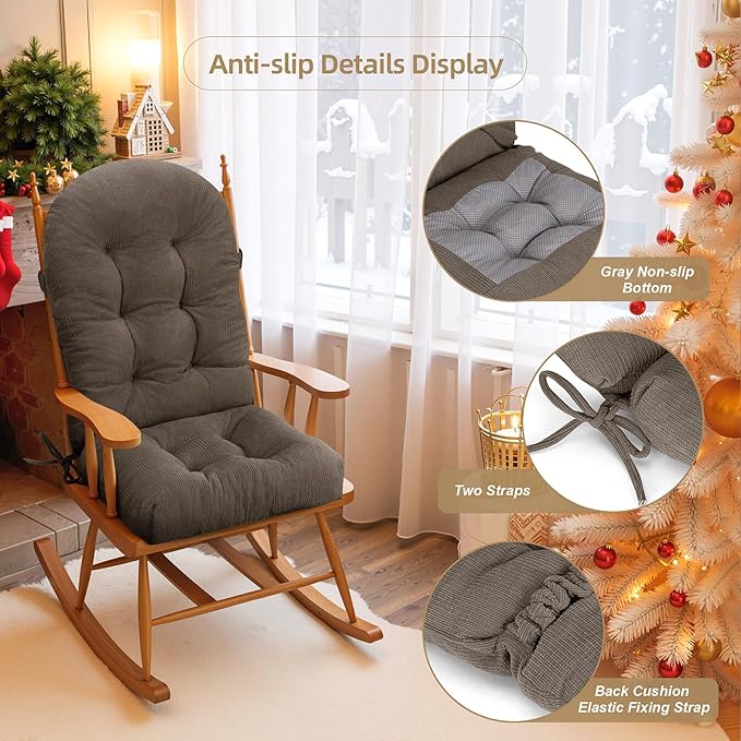 Rocking Chair Cushion - Plaid Corduroy Fabric, High-Density Sponge, Durable Comfort Non-Slip Bottom Tufted Seat Pads with Ties, Plaid Corduroy︱Beige Grey, 44x19x4 inch