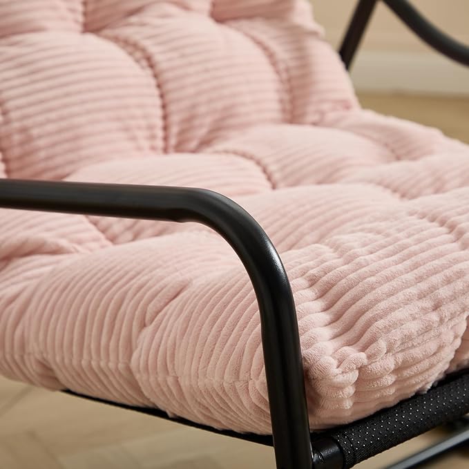 Pink Rocking Chair with Foot Rest, Outdoor Indoor Rocking Lounge Chair with Cushion, Comfortable Patio Rocker Chairs for Patio, Porch, Garden, Living Room, Reading, Metal Frame