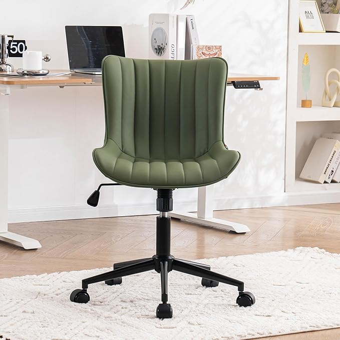 YOUNIKE Olive Green Office Desk Chair with Wheels Armless Compact Comfy Vanity Chair with Adjustable Back Modern Small Faux Leather Upholstered Swivel Cute Rolling Computer Task Chair No Arms