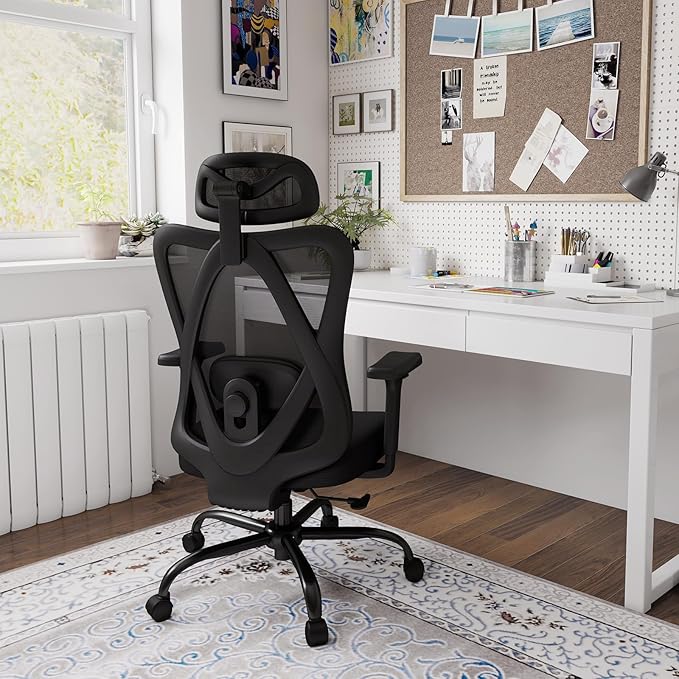 Ergonomic Office Chair with Adjustable Lumbar Support, High Back Mesh Computer Desk Chairs with 3D Headrest and Armrest, Rocking Function, for Home, Office, 8PC, Black